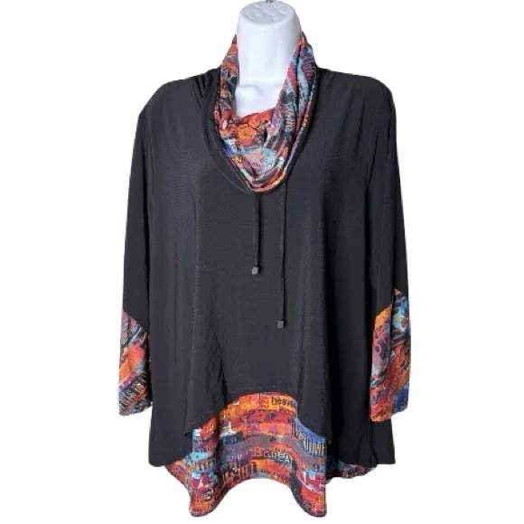 Ali Miles Womens Art To Wear Cowl Neck Top Size PXL Multicolor Long Sleeve Boho - Picture 1 of 11